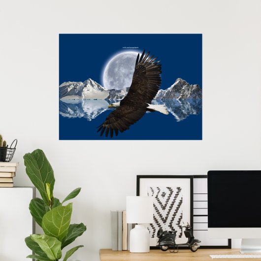 Flying Bald Eagle, Mountain & Moon Art Poster (Thuiskantoor)