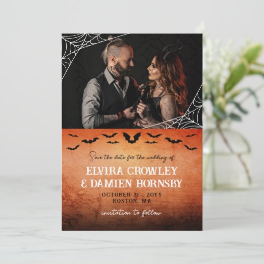 Flying Bats Spider Web Gothic Foto De datum opslaa Save The Date (Staand voorkant)
