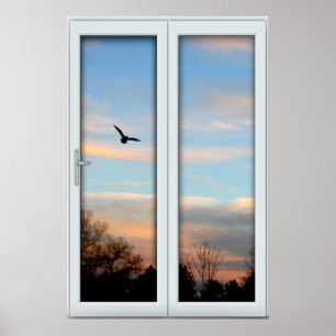 Flying Bird Silhouette Window with a Uitzicht Illu Poster
