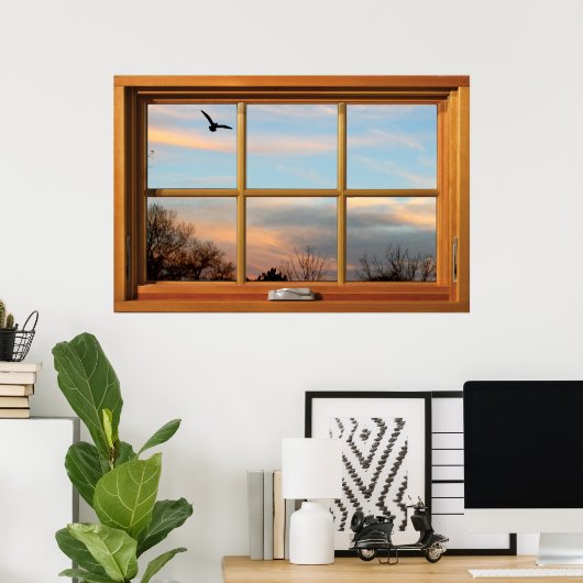 Flying Bird Silhouette Wooden Window Illusion Poster (Thuiskantoor)