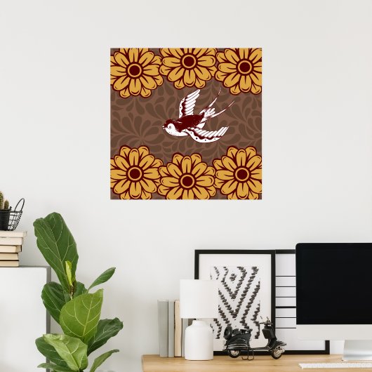 Flying Bird with Flowers Damask Pattern Poster (Thuiskantoor)