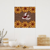 Flying Bird with Flowers Damask Pattern Poster (Keuken)