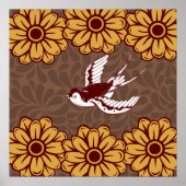 Flying Bird with Flowers Damask Pattern Poster (Voorkant)