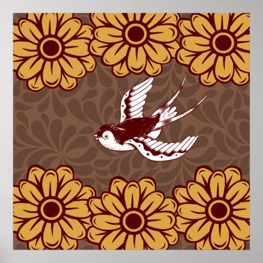 Flying Bird with Flowers Damask Pattern Poster (Voorkant)