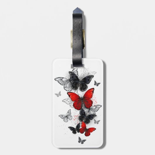 Flying Black en Red Morpho Vlinders Bagagelabel (Achterkant verticaal)