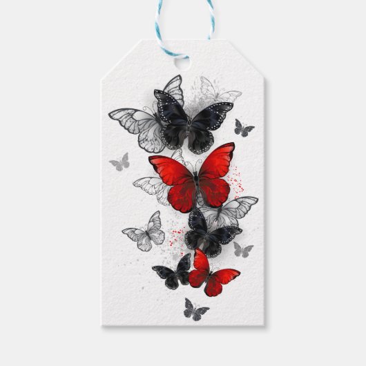 Flying Black en Red Morpho Vlinders Cadeaulabel (Voorkant)