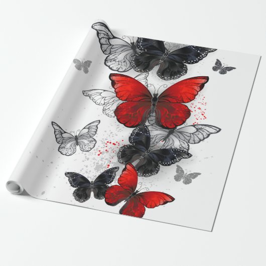 Flying Black en Red Morpho Vlinders Cadeaupapier (Uitgerold)