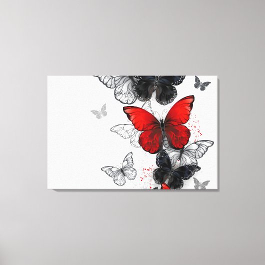 Flying Black en Red Morpho Vlinders Canvas Afdruk (Voorkant)