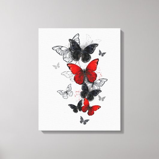 Flying Black en Red Morpho Vlinders Canvas Afdruk (Voorkant)