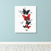 Flying Black en Red Morpho Vlinders Canvas Afdruk (Insitu (Houten vloer))