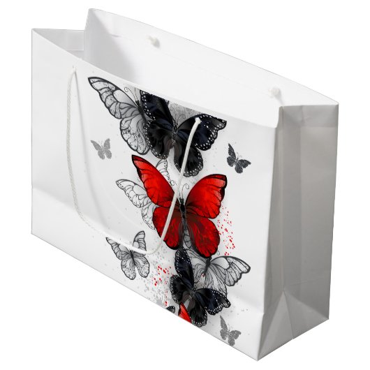 Flying Black en Red Morpho Vlinders Groot Cadeauzakje (Voorkant Gekanteld)