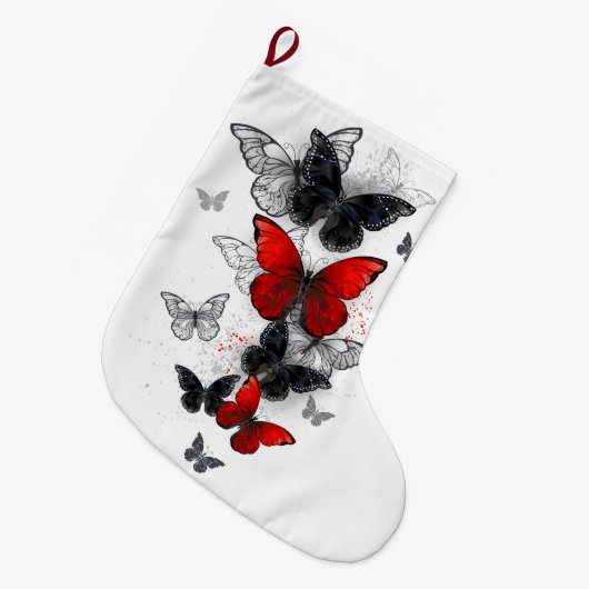 Flying Black en Red Morpho Vlinders Grote Kerstsok (Voorkant (Hangend))