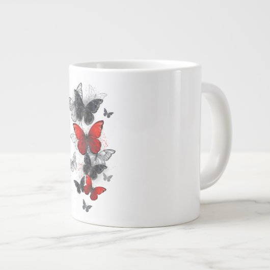 Flying Black en Red Morpho Vlinders Grote Koffiekop (Voorkant rechts)