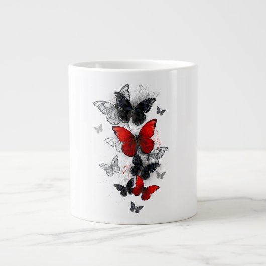 Flying Black en Red Morpho Vlinders Grote Koffiekop (Voorkant)
