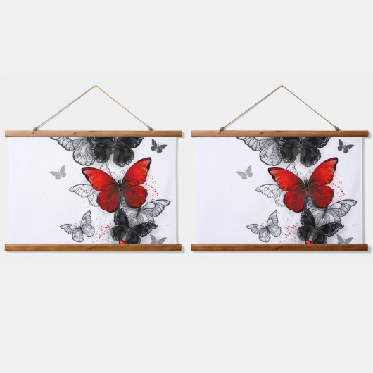 Flying Black en Red Morpho Vlinders Hangend Wandkleed (Dubbel)