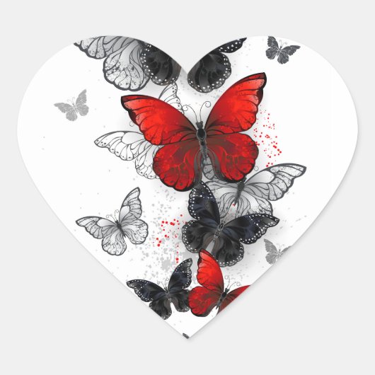 Flying Black en Red Morpho Vlinders Hart Sticker (Voorkant)