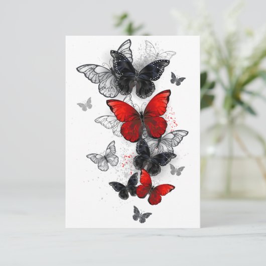 Flying Black en Red Morpho Vlinders Informatiekaartje (Staand voorkant)