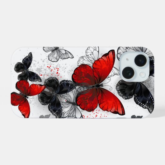 Flying Black en Red Morpho Vlinders iPhone 15 Case (Achterkant horizontaal)
