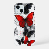 Flying Black en Red Morpho Vlinders iPhone 15 Case (Achterkant)