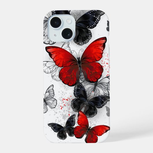 Flying Black en Red Morpho Vlinders iPhone 15 Case (Achterkant)