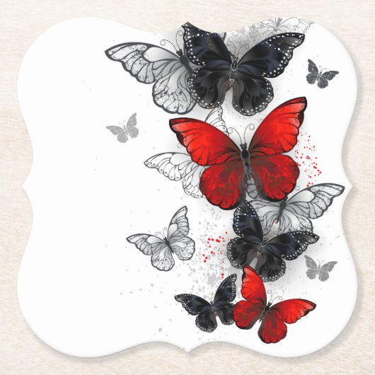 Flying Black en Red Morpho Vlinders Kartonnen Onderzetters (Voorkant)
