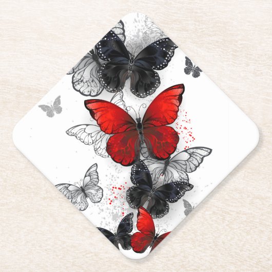 Flying Black en Red Morpho Vlinders Kartonnen Onderzetters (Voorkant)