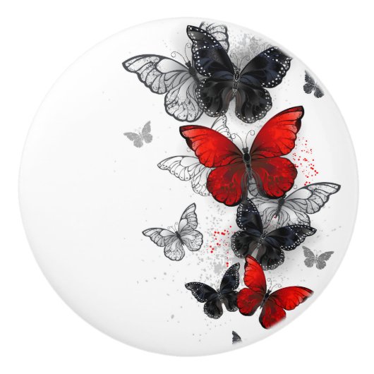 Flying Black en Red Morpho Vlinders Keramische Knop (Voorkant)