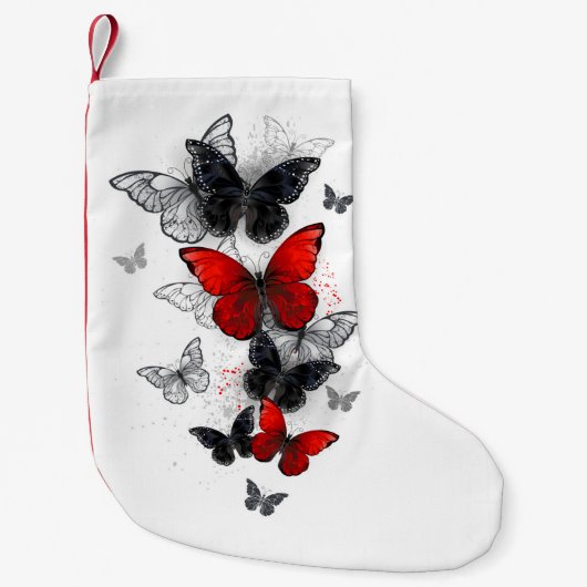 Flying Black en Red Morpho Vlinders Kleine Kerstsok (Voorkant)