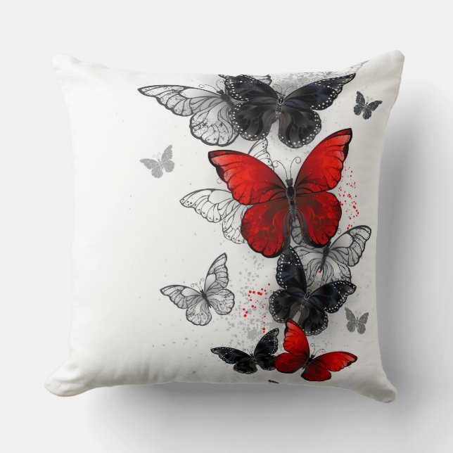 Flying Black en Red Morpho Vlinders Kussen (Voorkant)