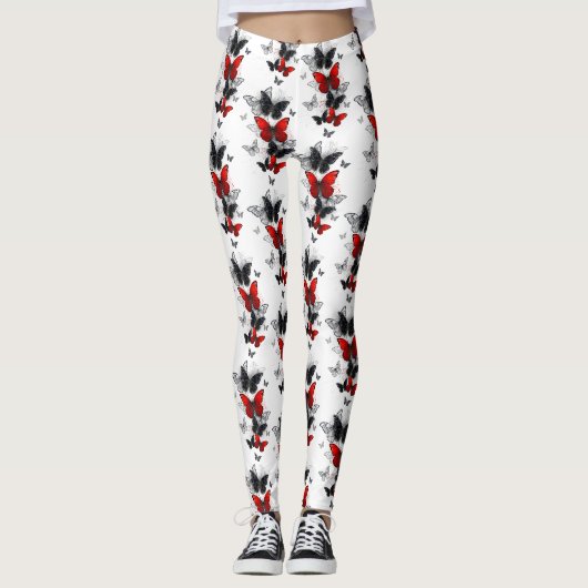 Flying Black en Red Morpho Vlinders Leggings (Voorkant)