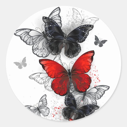 Flying Black en Red Morpho Vlinders Ronde Sticker (Voorkant)