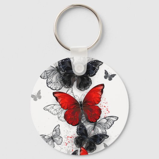 Flying Black en Red Morpho Vlinders Sleutelhanger (Voorkant)