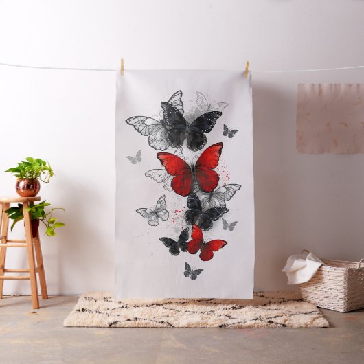 Flying Black en Red Morpho Vlinders Stof (Voorbeeld)