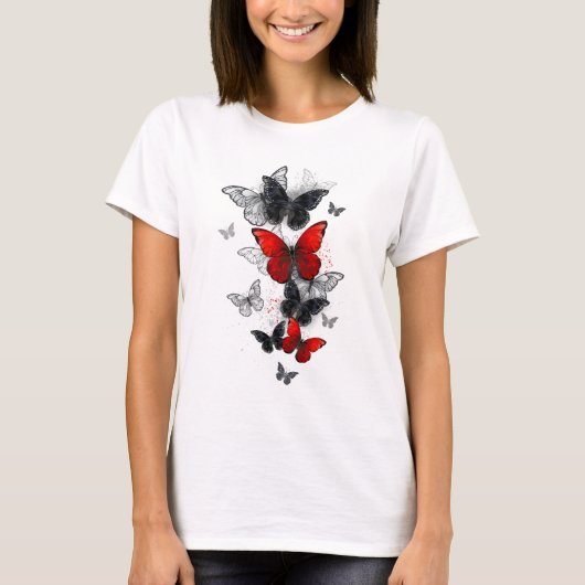 Flying Black en Red Morpho Vlinders T-shirt (Voorkant)