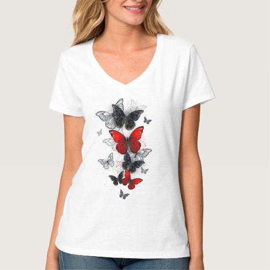Flying Black en Red Morpho Vlinders T-shirt (Voorkant)