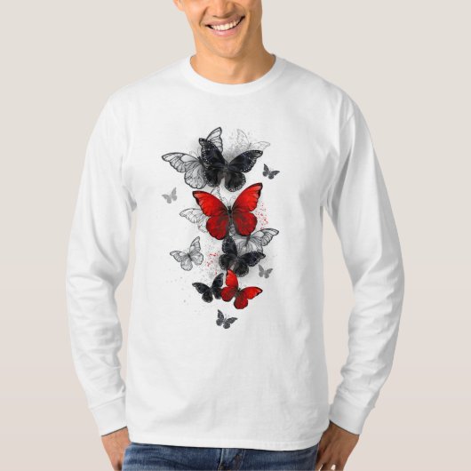 Flying Black en Red Morpho Vlinders T-shirt (Voorkant)