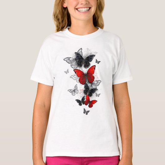 Flying Black en Red Morpho Vlinders T-shirt (Voorkant)