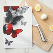 Flying Black en Red Morpho Vlinders Theedoek (Quarter Fold)