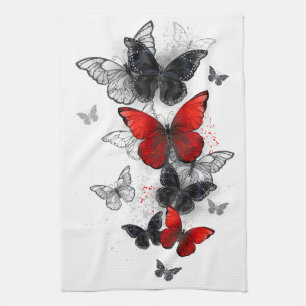 Flying Black en Red Morpho Vlinders Theedoek