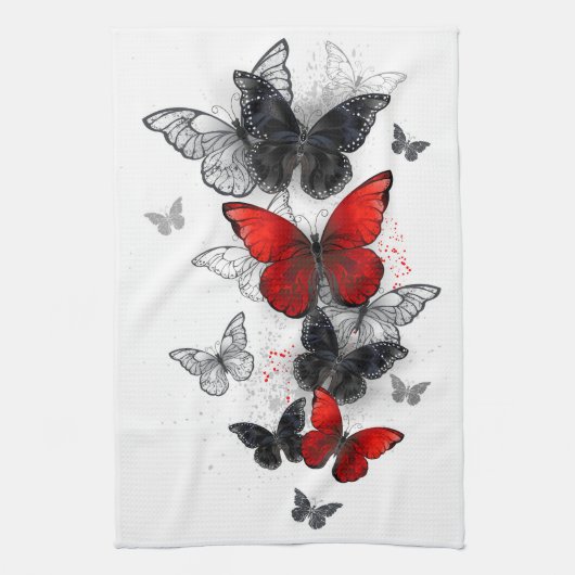 Flying Black en Red Morpho Vlinders Theedoek (Verticaal)