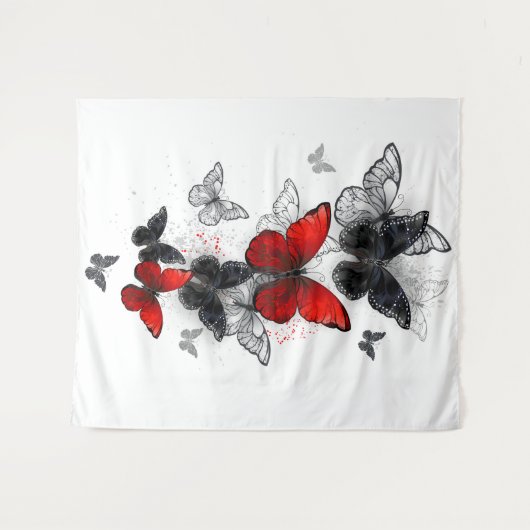 Flying Black en Red Morpho Vlinders Wandkleed (Voorkant (horizontaal))