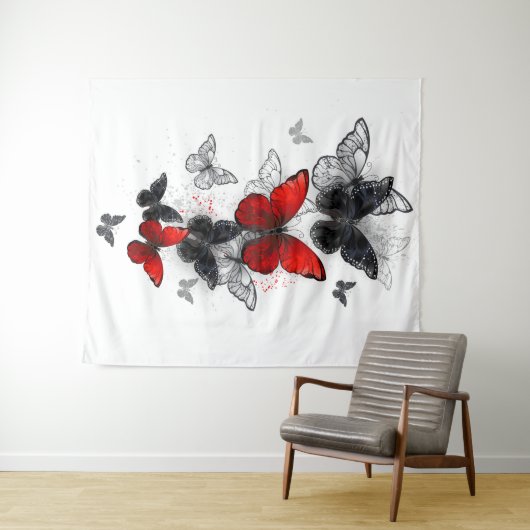Flying Black en Red Morpho Vlinders Wandkleed (In Situ (horizontaal))