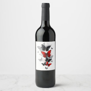 Flying Black en Red Morpho Vlinders Wijn Etiket
