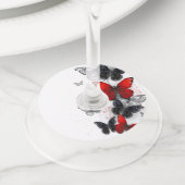 Flying Black en Red Morpho Vlinders Wijnglaslabel (Dichtbij)