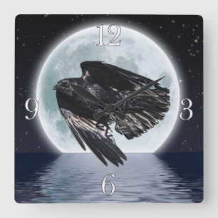 Flying Black Raven & Full Moon Vierkante Klok