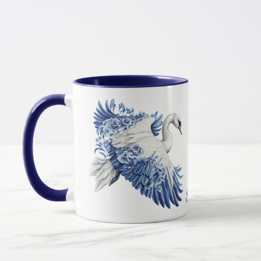 Flying Blue Swan Floral Monogram Mok (Links)
