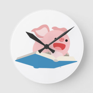 Flying Book and Cartoon Pig Wall Clock Ronde Klok