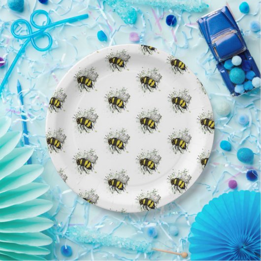 Flying Bumble BEE, Freehand Digital Drawing Insect Papieren Bordje (Feest)