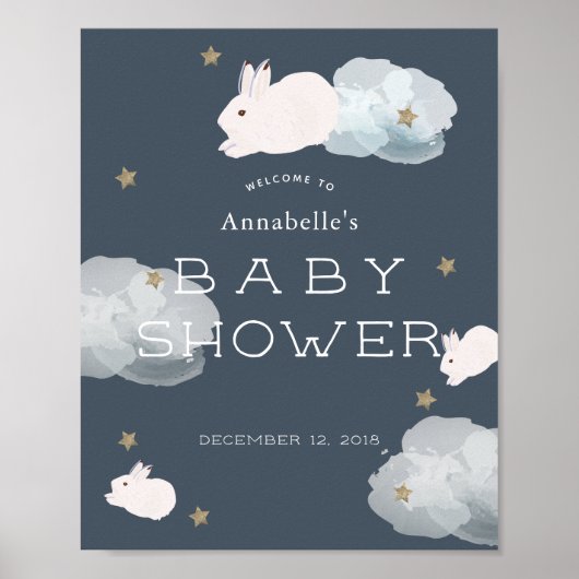 Flying Bunny Stars Clouds Baby shower Welcome Sign Poster (Voorkant)