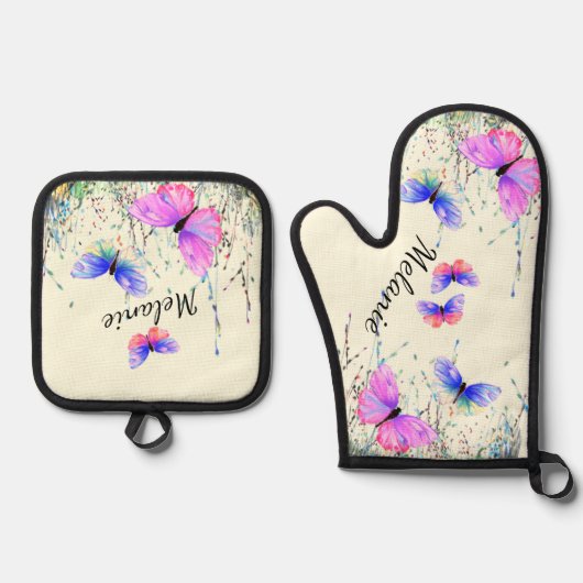 Flying Butterflies aangepaste naam gepersonaliseer Ovenwant & Pannenlap Set (Voorkant)